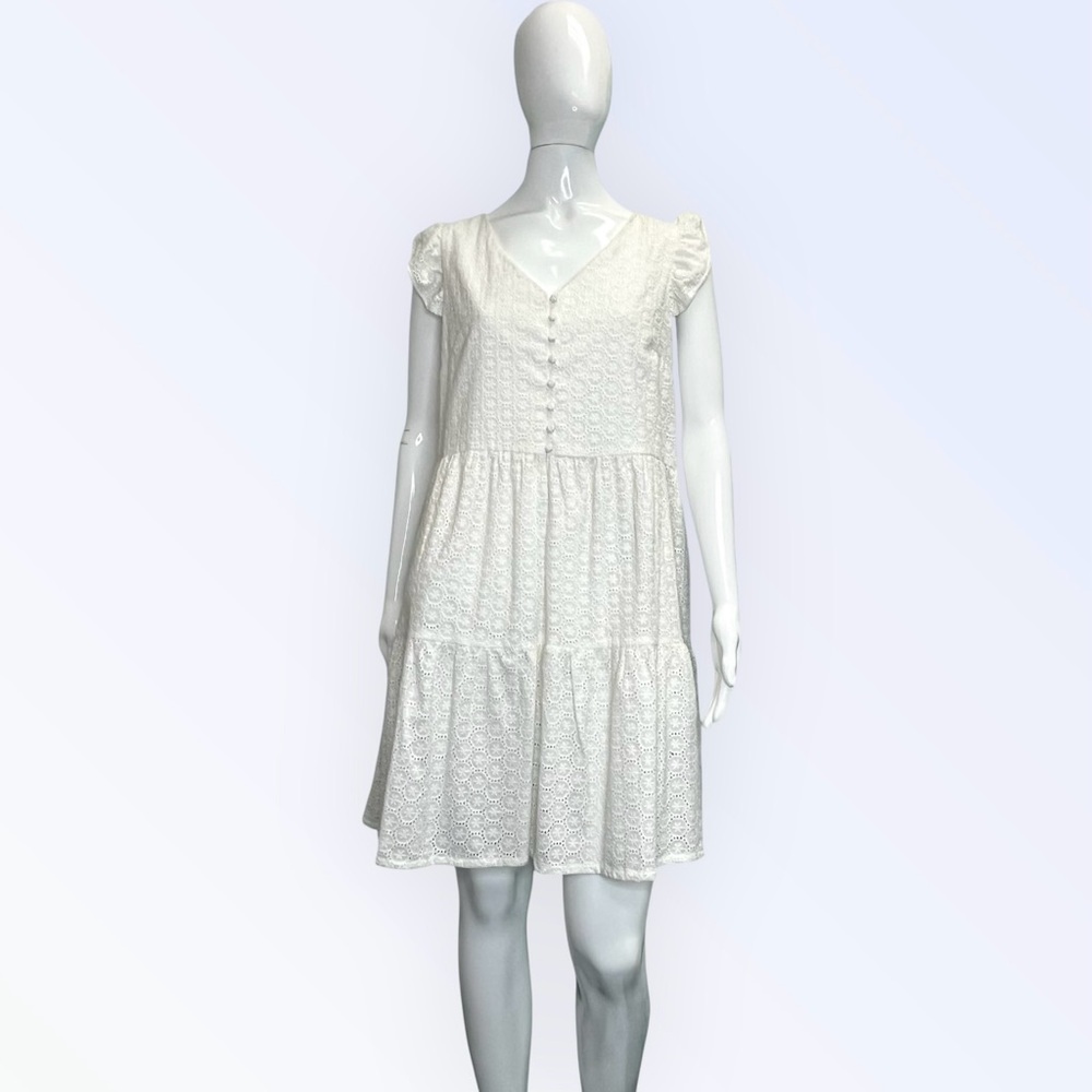 NWT Joie White Eyelet Flutter Sleeve Tiered  Mini Baby Doll Dress Size M